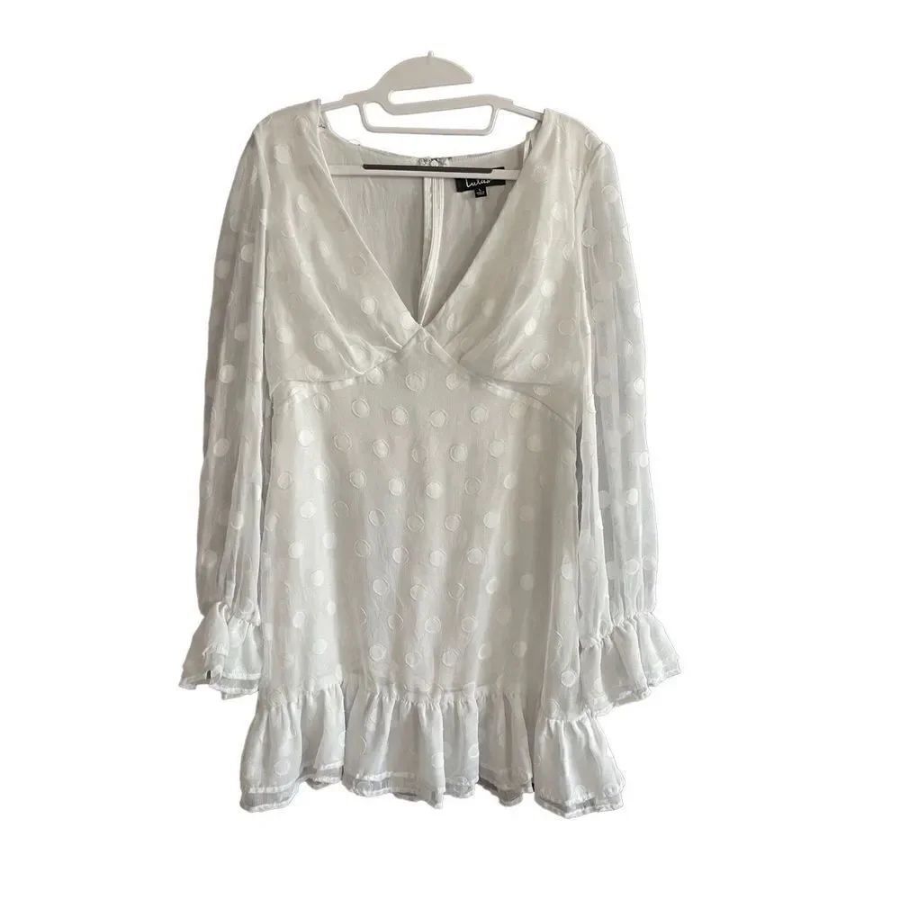Lulus Womes White Ruffled Long Sleeve Deep V Neck Polka Dot Mini Dress Size Larg